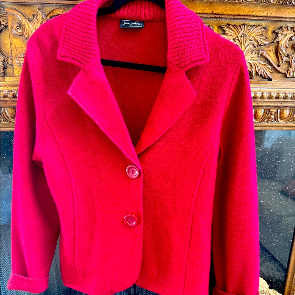 Jane Ashley cranberry red wool blend size Large jacket blazer collar